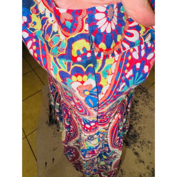 Lands End 100% Linen Apron Dress Pockets 14 Multicolor Paisley Floral Office Chu - Picture 10 of 11